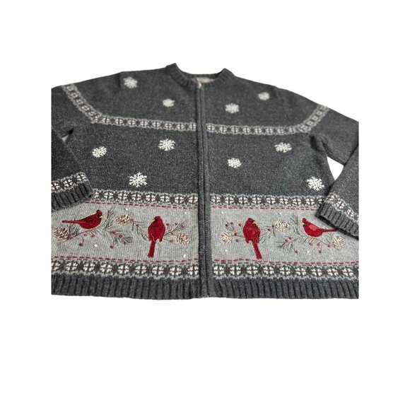 Cardinal & Snowflake Embroidered Zip-Up Ramie Wool Blend Womens large sweater - Picture 2 of 8